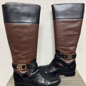 Michael Kors Two-Tone Black and Brown Leather Over-the-Knee Boots